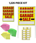 Garage Sale Sign Kit With Three Large Signs And Three 11 By 14 Signs One Thousand Two Hundred Colorful Price Stickers In Yellow Pink And Green Plus Twenty Large Pricing Cards Ultra Bright And USA Made For Quick High Visibility Sales.