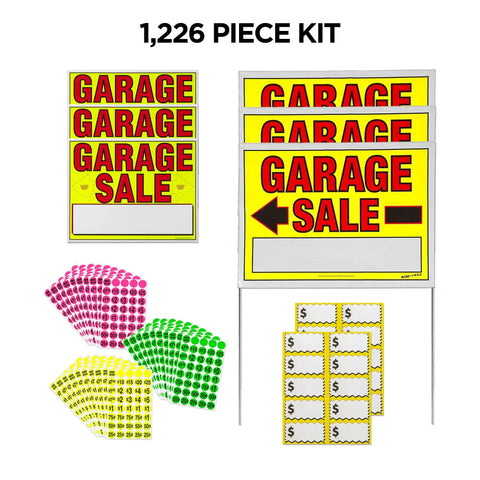 Garage Sale Sign Kit With Three Large Signs And Three 11 By 14 Signs One Thousand Two Hundred Colorful Price Stickers In Yellow Pink And Green Plus Twenty Large Pricing Cards Ultra Bright And USA Made For Quick High Visibility Sales.