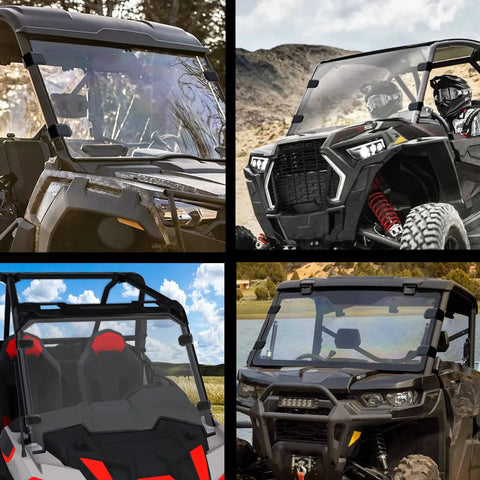 Adjustable Universal UTV Windshield Clamp Strap Kit With Anti Vibration Mounts on a variety of UTV models in rugged settings