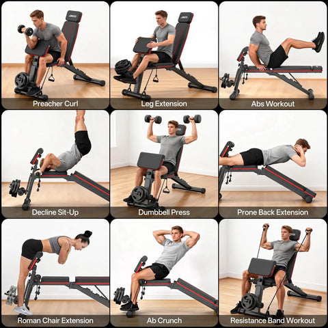 Heavy Duty 1000 LB Adjustable Weight Bench For Home Gym With Foldable Frame Incline Decline And Flat Positions Leg Extension And Back Extension Preacher Curl Station For Full Body Workouts Red MD55 demonstrating multiple exercises including preacher curl, leg extension, decline sit-up, dumbbell press, and prone back extension.