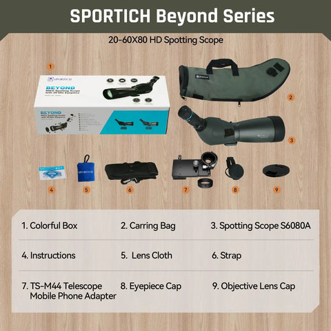 20 To 60x80 ED Spotting Scope With HD Optics, accessories, box, and instructions displayed on a wooden surface