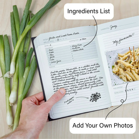Premium Hardcover Blank Recipe Book For Your Own Creations A DIY Family Cookbook with page of pasta recipe and photo