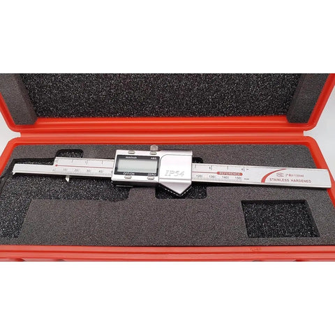 Digital Caliper With Hook For Inside Groove Width And Bore Measurement, 3-150 Millimeter Range, 0.01 Millimeter Resolution in case