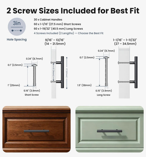 2 screw sizes included for best fit with Snag This Set Of Sharp Matte Black Cabinet Handles 30 Pack Heavy Duty Stainless Steel Bar Pulls.