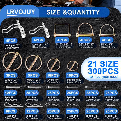 Heavy Duty Pin Kit 300Pcs Set For Trailers Tractors Trucks And Lawn Gear R Clips Linch Pins PTO Pins Cotter Pins Hair Pins Square Pins Zinc Plated Steel For Rust Resistance And Easy Replacement In Farm And Garden Equipment size chart