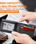 Ultra Slim RFID Blocking Bifold Wallet For Men With Carbon Fiber Look holds 13-15 cards and cash, showing 2 ID windows and card slots.
