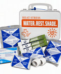 Top Tier Certified Safety Emergency Heat Stress Kit 16 Piece Assembled In The Usa For Heat Exhaustion First Aid And Critical Hydration Essentials To Keep Crew Safe On Hot Job Sites. white metal case with cooling packs and bandages