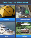 Collage showing camping, construction site, ship, and garden applications of Durable Waterproof Boat Rocker Switch With Green Indicator Light For Boaters And Marine Setups DPST Inline Cord Switch 1 Outlet DC 12V To 24V On Off Button Includes Cable Gland For Easy Installation.