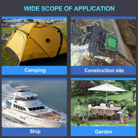 Collage showing camping, construction site, ship, and garden applications of Durable Waterproof Boat Rocker Switch With Green Indicator Light For Boaters And Marine Setups DPST Inline Cord Switch 1 Outlet DC 12V To 24V On Off Button Includes Cable Gland For Easy Installation.