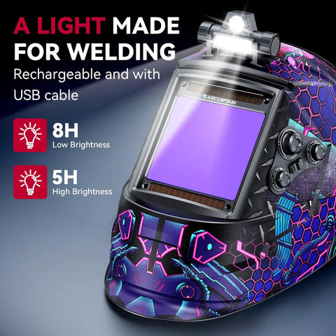 Auto Darkening Welding Helmet With LED Light Solar Powered True Color Lens Top Optical Clarity Four Arc Sensors