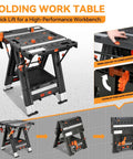 Solid 2 In 1 Folding Workbench And Sawhorse Hybrid With Snap Lock Clamps Dowel Stops Built Ruler Protractor, open view with features displayed.