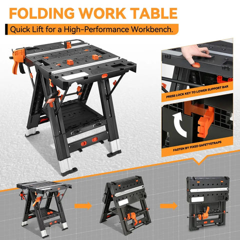 Solid 2 In 1 Folding Workbench And Sawhorse Hybrid With Snap Lock Clamps Dowel Stops Built Ruler Protractor, open view with features displayed.