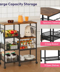 Rolling Kitchen Island Cart On Wheels With Four Tier Shelves And Storage Baskets, Six Removable Hooks, Locking Casters, Espresso Finish