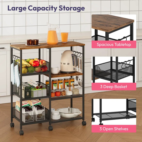 Rolling Kitchen Island Cart On Wheels With Four Tier Shelves And Storage Baskets, Six Removable Hooks, Locking Casters, Espresso Finish