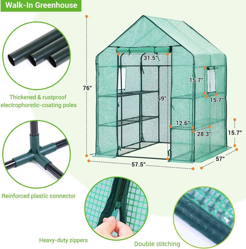 Outdoor Walk In Greenhouse With Screen Windows 57 X 57 X 76 Inches Heavy Duty Portable Plastic Grow House Built For Grower Friendly 3 Tiers And 12 Shelves With Shelf Clips PE Cover For All Weather Year Round Planting