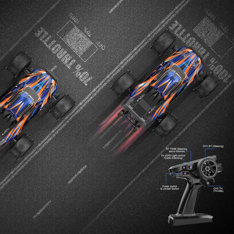 Top view of 1:16 Scale Ready-To-Run Fast Remote Control Car Beast Mode Monster Truck With 4WD and controller on a road