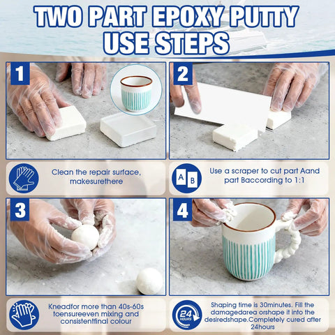 Instructional steps for using Marine Epoxy Putty 200g Two Component Underwater Repair Stick That Holds Up White Marine Grade Waterproof For Holes Gaps Dents Cracks In Hull Metal Ceramics Plastics Wood Tiles Built To Last.
