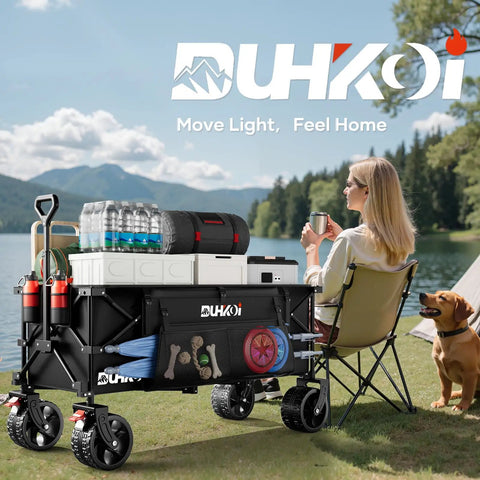 49 Inch Collapsible Heavy Duty Wagon With 500 Pound Capacity All Terrain Wheels near a lake, loaded with camping gear and supplies