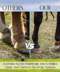 Comparison of standard rope horse hobbles and Two Pack Leather Horse Hobbles With Anti Kick Design and stainless steel chain.