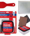 No Fuss All In One Drywall Repair Kit With 8 Oz Spackling Compound 4 Inch By 4 Inch Adhesive Metal Patch Spackling Knife And Sanding Pad