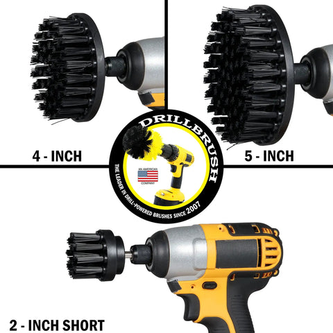 Three different sizes of the Ultra Stiff Drill Powered Cleaning Brush Set for serious BBQ grill degreasing and heavy duty paint stripping.