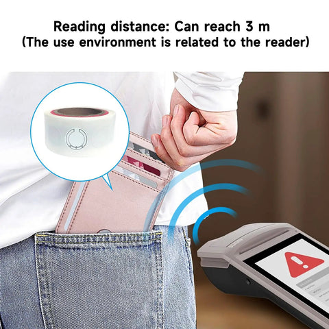 100 Pcs UHF RFID Sticker Tags 860 960 MHz Long Range RFID Labels For Warehouse Management And Asset Tracking shown in pocket scan