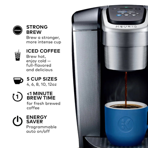 All In One Single Serve Coffee Maker With Strong Brew Power And Temperature Control, Iced Coffee Ready, brewing coffee into blue mug