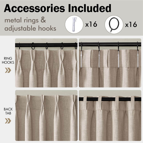 Pinch Pleated Thick Linen Curtains For Living Room And Bedroom 84 Inches Long Two Panels Taupe Rustic Farmhouse Track System Drapes With Linen Texture Memory Pleat Hooks And Rings Included shown with hooks and rings.