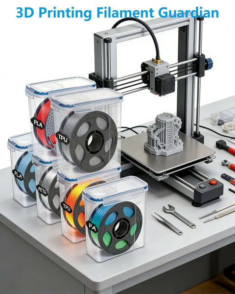 Six Pack 1.75mm Filament Storage Boxes with Desiccants in transparent blue, shown next to a 3D printer on a workshop table.