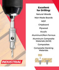 Beefy Carbide Tipped 82 Degree Countersink Drill Bit Built For Dead Straight Pilot Holes And Knock Out Flawless Flush Looks When Driving Number Ten Wood Screws While Fitting Snug Into Festool CentroTec Systems Without Any Gripe Or Fuss On The Shop Bench on a drill, showcasing various materials for drilling.