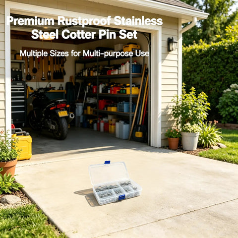 Stainless Steel Hardware Pins Kit with cotter pins and clips on driveway, open tool shed in background