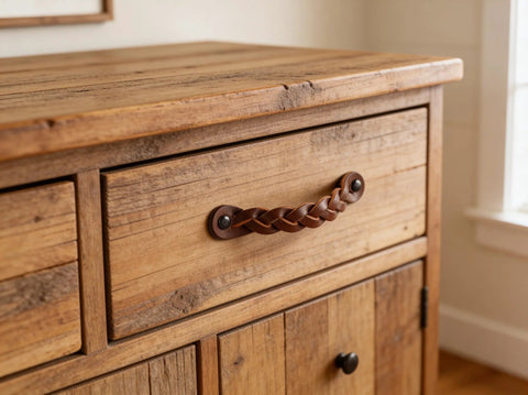 Braided cognac leather drawer pull installed on wooden dresser, 6-1/2 x 1 inch, rustic industrial hardware