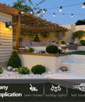Outdoor Wall Light With GFCI Outlet illuminating a stylish patio, featuring pergola and garden furniture in a cozy evening setting.