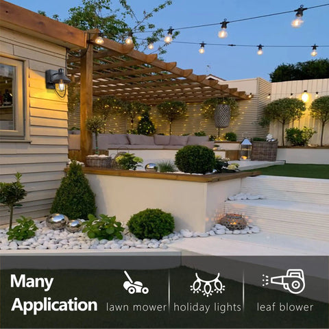 Outdoor Wall Light With GFCI Outlet illuminating a stylish patio, featuring pergola and garden furniture in a cozy evening setting.