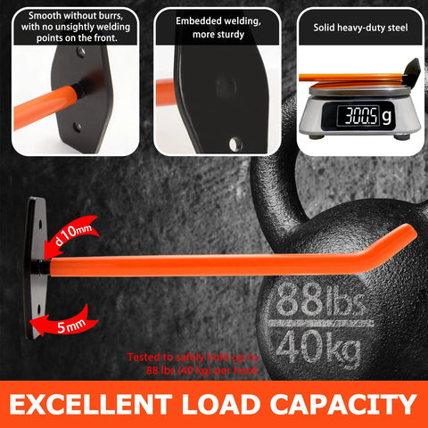 Heavy Duty Garage Hooks 4 Pack Wall Mount Tire Storage System With Anti Slip Coating Holds Up To 88 Lbs, close-up on orange steel hook detail