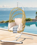 Beige Wicker Egg Chair With Stand For Indoor And Outdoor Use Foldable Hanging Hammock Cushions Included 300 Lbs Capacity