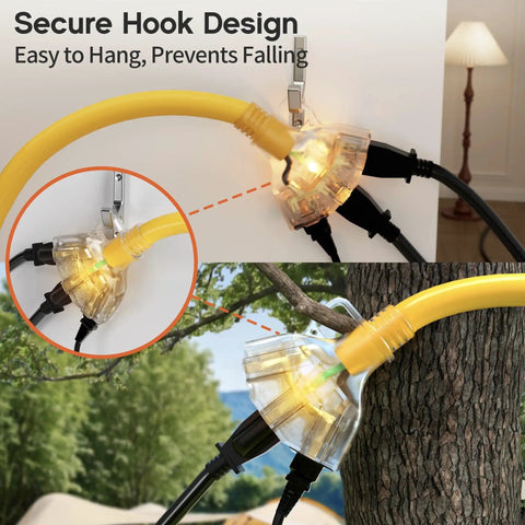 Heavy Duty 2 Ft 12 Gauge Outdoor Extension Cord With 3 Outlets And Indicator Light Waterproof SJTW Cable 15A 125V 1875W For Workshop ETL Listed Flexible Yellow showing secure hook and waterproof design.