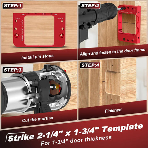 Heavy Duty Precision Aluminum Door Latch And Strike Plate Mortise Tool And Router Template Jig showing alignment steps for installation.
