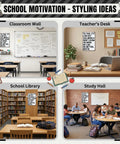Collage of 'Its Low Key Sus When U Dont Show Ur Work Tin Sign' displays in classroom, teacher's desk, school library, and study hall.