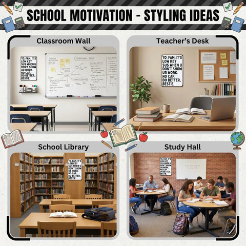 Collage of 'Its Low Key Sus When U Dont Show Ur Work Tin Sign' displays in classroom, teacher's desk, school library, and study hall.