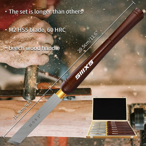 8 Piece M2 HSS Wood Lathe Chisel Set with long handles and wooden box, focuses on chisel size and materials, ideal for woodturning