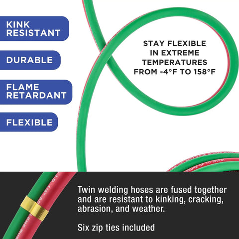 50 Foot Oxygen And Acetylene Welding Hose Set With Twin One Quarter Inch B Fittings Eighteen Threads Per Inch Color Coded Green Oxygen And Red Acetylene Hoses For Safe Gas Flow And Metal Cutting And Reliable Performance, showing flexible and durable green and red hoses.