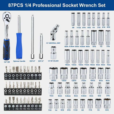 Go-To 87-Piece 1/4-Inch Drive Socket Wrench Set with Pro Grade Chrome Vanadium Steel displayed with various sockets and tools