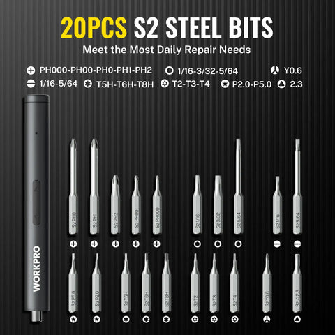 Go-To 20-In-1 Mini Electric Screwdriver Set For DIY And Electronics, All-In-One Precision Driver With 180 RPM Electric Mode And 0.35 Nm Torque, Manual 1.8 Nm, Long-Lasting Battery, Fast Charge, Great For Watches, Smartphones, Drones, And More. 20 S2 steel bits shown