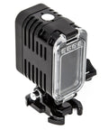 Forty Meter Waterproof LED Underwater Dive Light For GoPro And Other Sized Action Cams, black and transparent casing, side view.