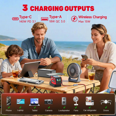 Family using Milwaukee 18V Battery Compatible 300W Adjustable Voltage Regulator outdoors to power devices on table.