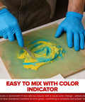 Person mixing Ready Mix Epoxy Fairing Compound One Gallon Heavy Duty Formula with color indicator for boats.