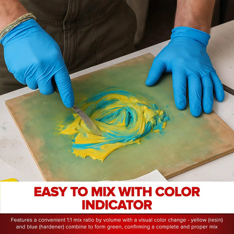 Person mixing Ready Mix Epoxy Fairing Compound One Gallon Heavy Duty Formula with color indicator for boats.