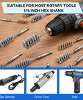 16 Piece Drill Bore Brush Set With Long One Quarter Inch Hex Shank Handles for cleaning drill holes in tight spots.