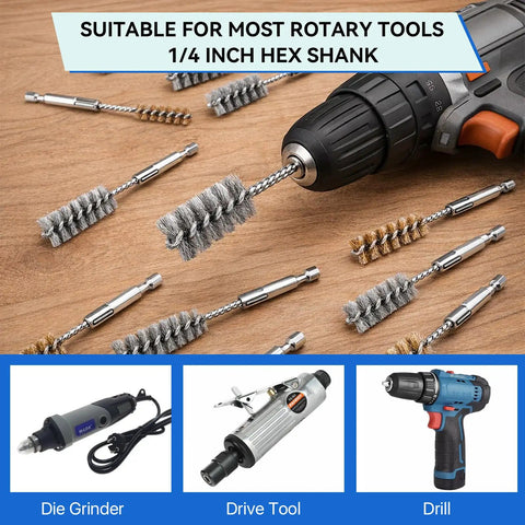 16 Piece Drill Bore Brush Set With Long One Quarter Inch Hex Shank Handles for cleaning drill holes in tight spots.